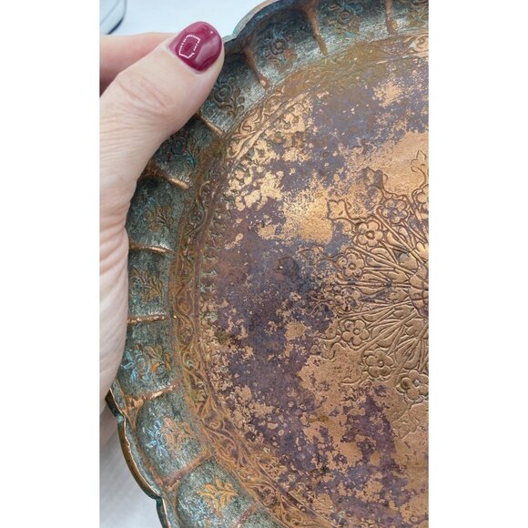 Vintage Copper Serving Tray Snowflake Etched Round Platter 7.75" Patina - Picture 8 of 10